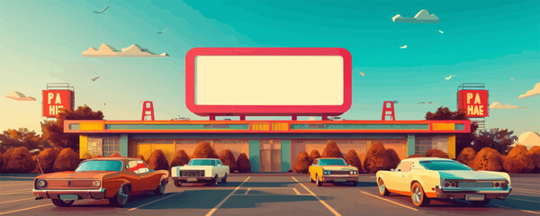 Retro drive-in movie theater with cars parked in front Vector flat minimalistic isolated illustration