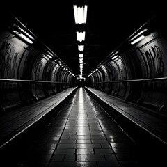 Canvas Print - a-black-and-white-image-of-subway-tunnel