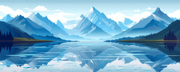 Wall Mural - A serene mountain lake reflecting snow-capped peaks in the distance. Vector flat minimalistic isolated illustration.