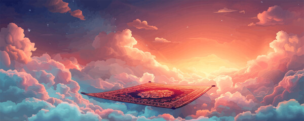 Wall Mural - Magical flying carpet soaring through clouds Vector flat minimalistic isolated illustration