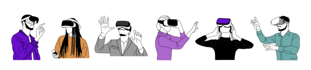 Set of different Person using VR headset. Modern women and men in futuristic Virtual Reality glasses. Colored outline vector illustrations of people and AR isolated on transparent background.