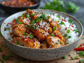 Wall Mural - a delicious dish of grilled chicken with sesame seeds, served on a bed of rice.