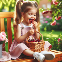 Wall Mural - adorable little girl eating fresh cherries fruits in the garden