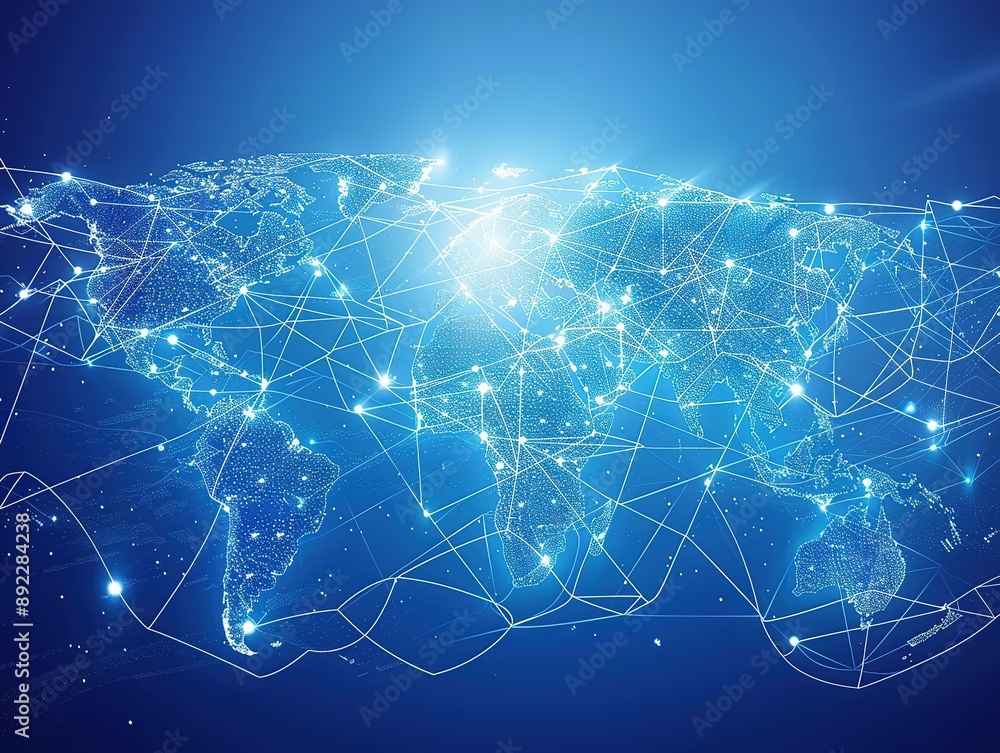 World map with global network and connectivity on a blue background ...