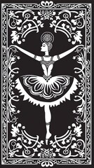 ancient slavic mythology ornament design of a dancer, white ornament on black background