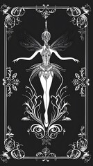 Wall Mural - ancient slavic mythology ornament design of a dancer, white ornament on black background