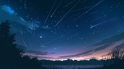 A beautiful night sky with a few stars and a few shooting stars. Anime background. Anime wallpaper