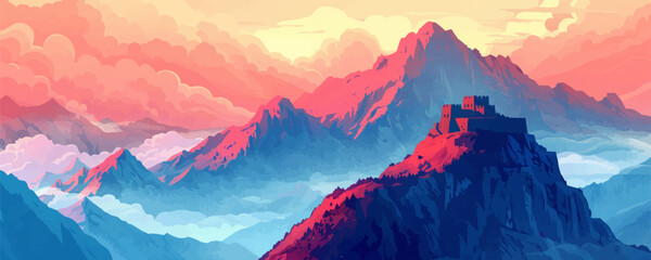 Wall Mural - inca ruins perched on a mountain ridge against a dramatic sky. vector flat minimalistic isolated ill
