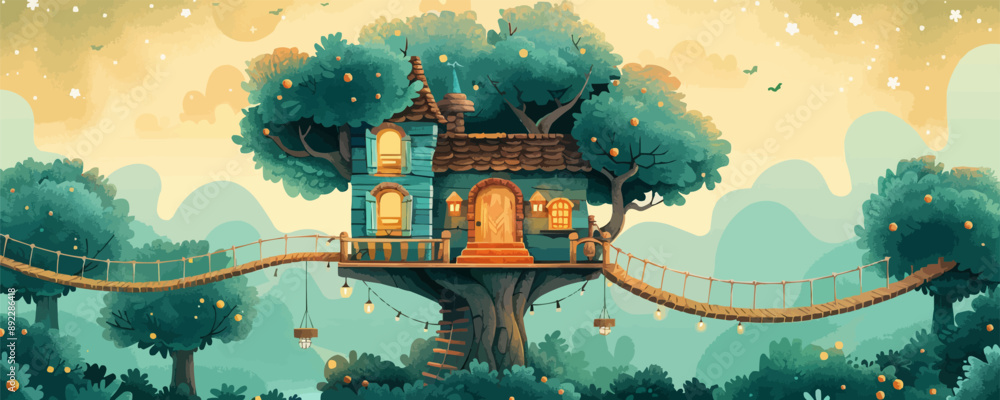 A whimsical treehouse with rope bridges and secret passageways. Vector ...