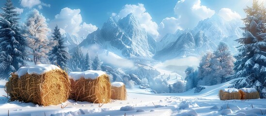 Poster - Winter Wonderland with Hay Bales in a Snowy Mountain Valley