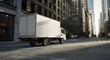© CreativeInside - Empty blank white mockup on the small truck vehicle driving through the city street, template for advertisement. Commercial business transport delivery cargo, side view