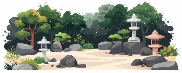 Wall Mural - A tranquil Japanese zen garden with carefully raked sand and stone lanterns. Vector flat minimalistic isolated illustration.