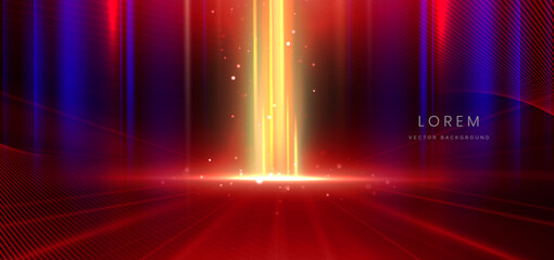 Wall Mural - scene futuristic neon glowing gold light ray with on red background and lighting sparkle.