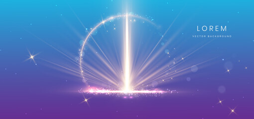 Wall Mural - Luxury light blue background with circle glowing golden line lighting effect sparkle.