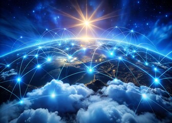 Global interconnected network of glowing blue nodes and fibers, surrounded by swirling clouds, symbolizing artificial intelligence-driven communication technology and internet connectivity worldwide.