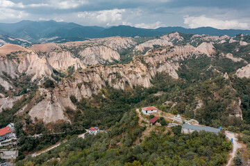 A birds eye view of ancient town of Melnik, Bulgaria. This peaceful settlement is well-known for its wineries, ottoman houses and amazing sandstone formations - 