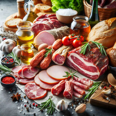 Wall Mural - assorted of meats with ham, sausage, salami and bread