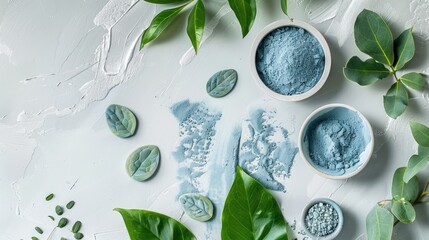 Wall Mural - Preparing natural skincare products with blue clay and leaves on a light backdrop