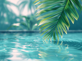 Wall Mural - A close-up of a green palm leaf partially submerged in water, with a blurred background of a tropical pool.