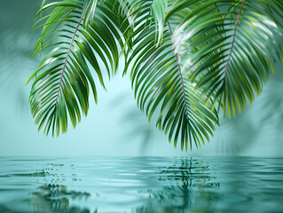 A close-up of a green palm leaf partially submerged in water, with a blurred background of a tropical pool.