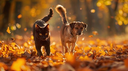 Wall Mural - Playful Cat and Dog Enjoying a Stroll in Autumn Leaves