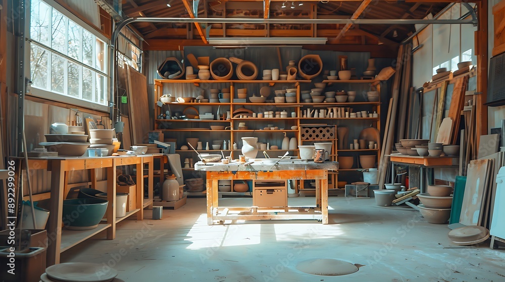 DIY pottery studio garage with a pottery wheel, kiln, and workspace for ...