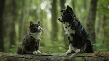 Wall Mural - Serene Friendship: Cat and Dog Sitting Together on a Log in the Enchanting Forest Setting