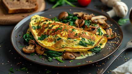 Fluffy omelet with sauteed mushrooms, spinach, and cheese, served with a side of whole wheat toast, vibrant and inviting breakfast scene