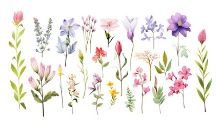 Wall Mural - set of watercolor wildflowers painting isolated on clear png background and transparent background. 