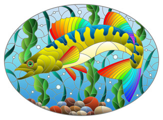 Wall Mural - Illustration in stained glass style with an abstract pike perch fish on a background of algae, air bubbles and water, oval image