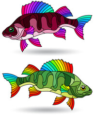 Wall Mural - A set of illustrations in stained glass style with river basses, fishes isolated on a white background