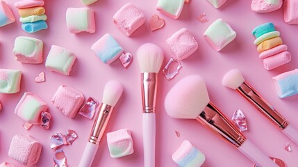 Wall Mural - Stylish beauty blogger concept with feminine nail polish accessories and unicorn makeup brushes on pink backdrop decorated with trendy pastel marshmallows creating a flat lay display