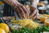 Fototapeta Do akwarium - a person grating parmesan cheese on a cutting board