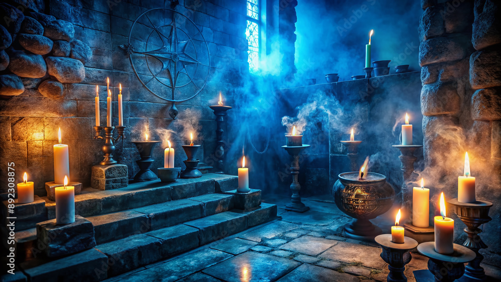 Disturbing Ritual Object Ominous dark blue mist surrounds ancient ritualistic artifacts, eerie ...