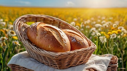 freshly baked bread in a wicker basket on a grain field, autumn, harvest, bread