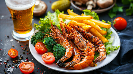 Grilled shrimp with spices, salad and vegetables on a plate and beer.