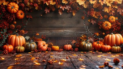 Wall Mural - Autumn Harvest Pumpkins and Leaves