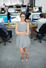 Fototapete - Portrait, arms crossed and woman with smile, office and proud in startup, coworking and internship. Creative, graphic designer and opportunity in agency, glasses and happy with confidence and vision