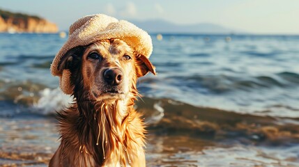 Cute Dog Wearing a Bathing Cap Sitting on the Seashore During a Beach Vacation. Summer Travel and Relaxation Concept