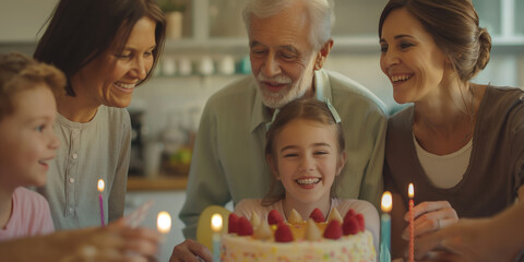 Wall Mural - A family celebrates a birthday together, with a girl smiling and blowing out candles on a cake.