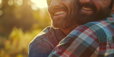 Poster - A cheerful young man hugs his gay partner, both laughing and enjoying their time outdoors.