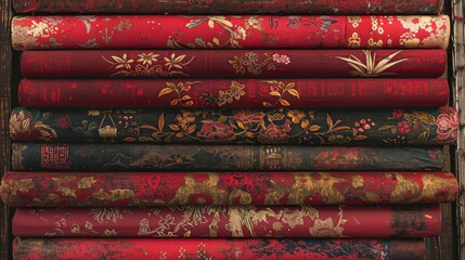 Sticker - Stack of ornate, richly decorated red and gold books with Asian-inspired floral and nature motifs