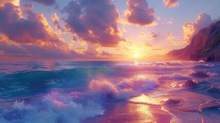 Wall Mural - a stunning beach sunset with waves crashing on the shore and colorful clouds in the sky, creating a 