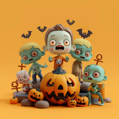 Wall Mural - Cute Halloween 3D model. 3D rendering. C4d movie poster style