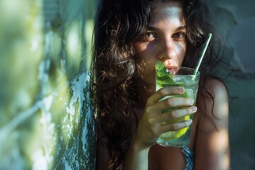 Wall Mural - Young Woman with Lime Mojito Drink in Tropical Setting