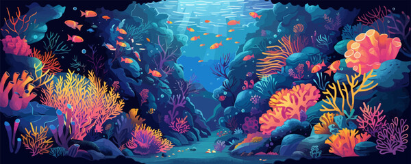 Whimsical underwater garden with vibrant coral reefs, exotic fish, and hidden underwater caves. Vector flat minimalistic isolated illustration.