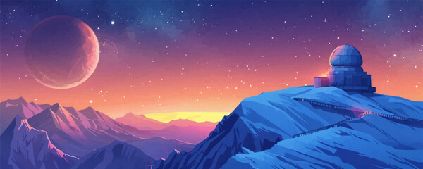 Wall Mural - Dreamy celestial observatory perched atop a mountain peak, with telescopes pointed towards the stars. Vector flat minimalistic isolated illustration.