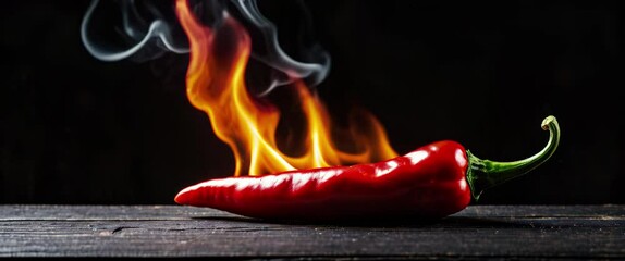 Wall Mural - Burning hot red chili pepper on a black rustic wooden background