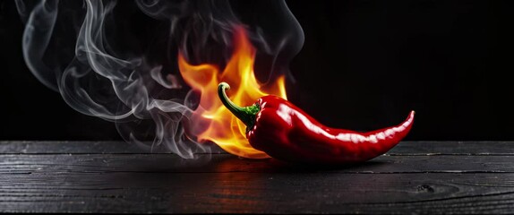 Wall Mural - Burning hot red chili pepper on a black rustic wooden background