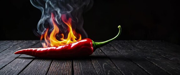 Wall Mural - Burning hot red chili pepper on a black rustic wooden background